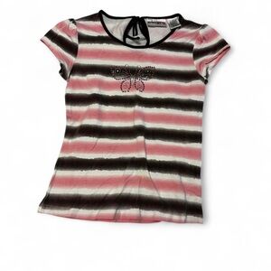 Energie Pink and Black Striped Tee with Butterfly early Y2K